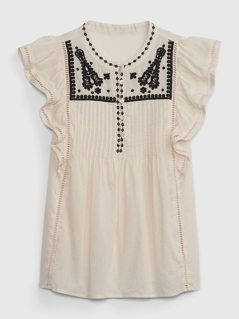 GAP Cream Flutter Sleeve Blouse with Black Embroidery M